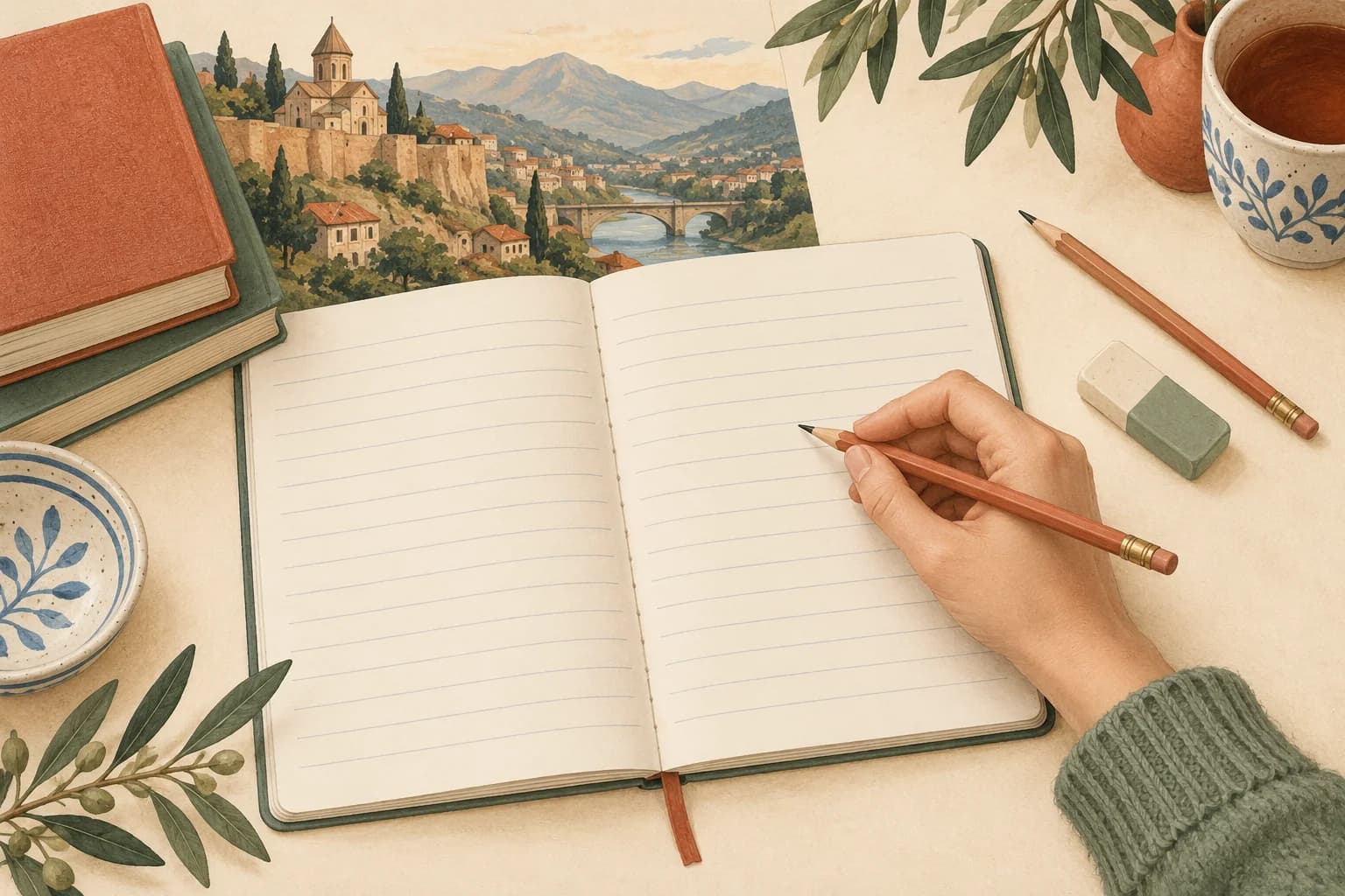 A hand holding a pencil above a ruled practice notebook.