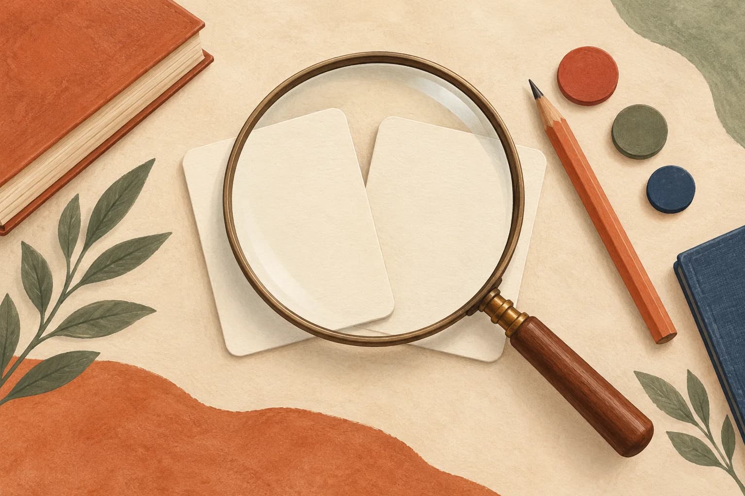 A magnifying glass over two study cards, with colored tokens and pencils.