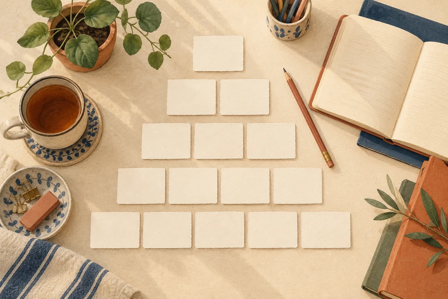 Flashcards arranged on a desk beside a notebook and pencil.