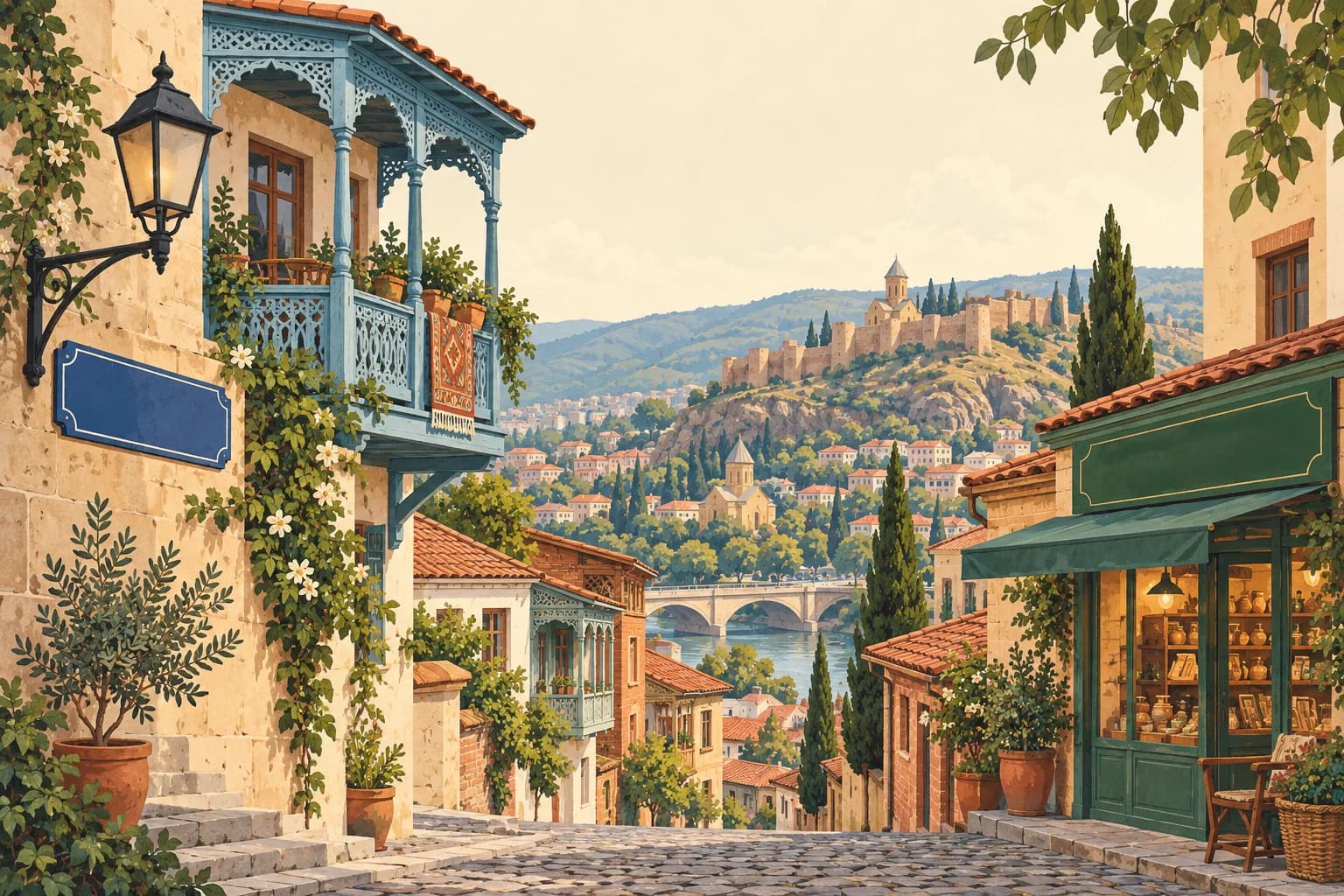 An illustrated Tbilisi-inspired street with balconies and blank shop and street signs.