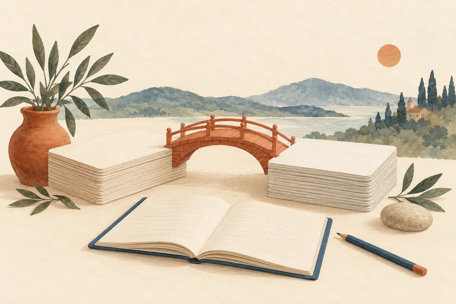 A small bridge connecting two stacks of study cards beside an open notebook.