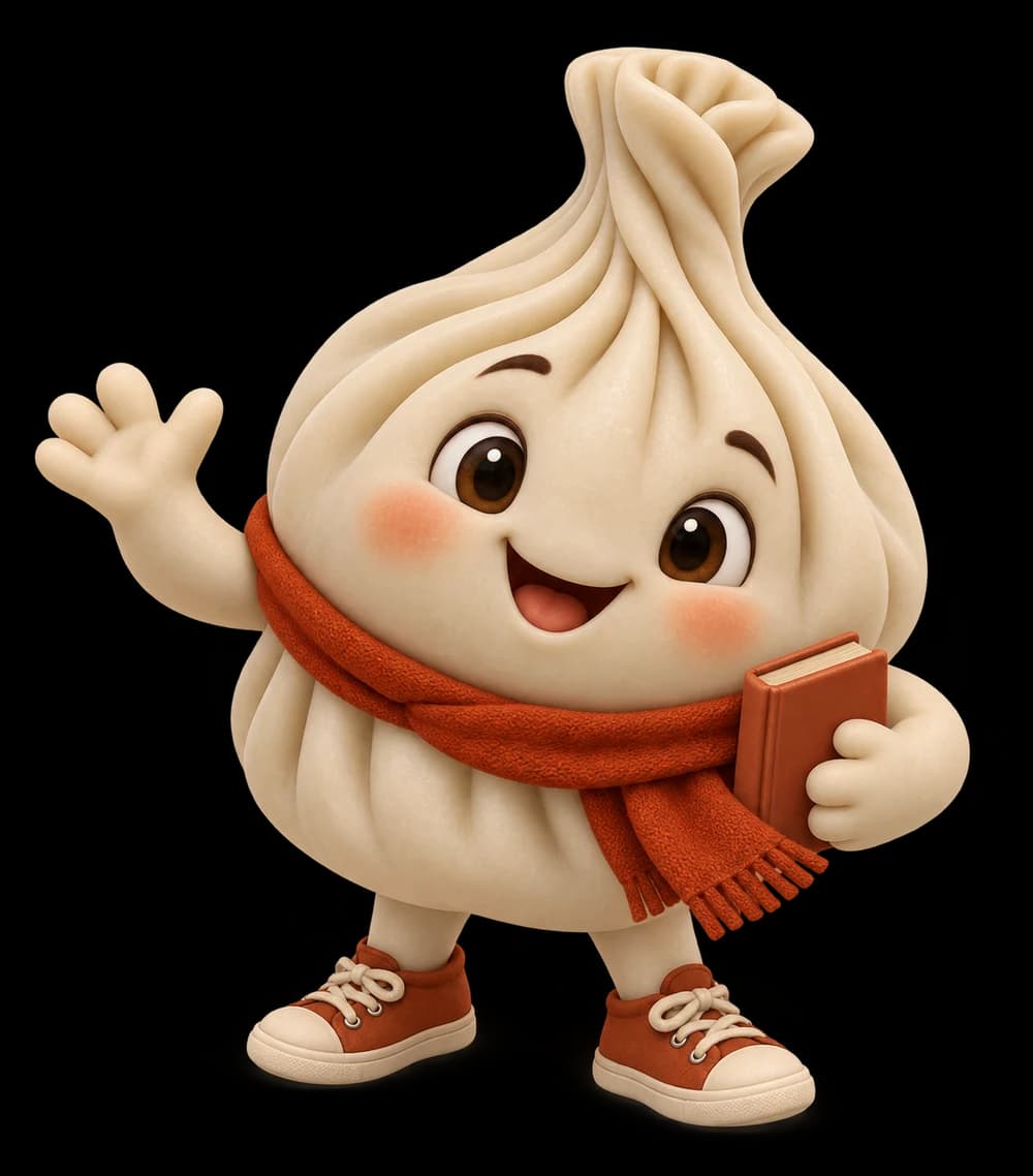 A happy khinkali dumpling in a terracotta scarf, waving hello with a little book in hand